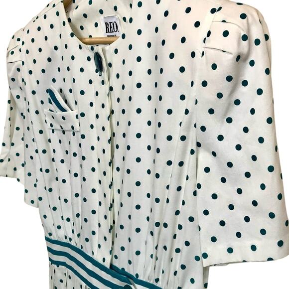 REO Originals Vintage 80s Preppy Short Sleeve Pleated Green Polka Dot Dress 12 - Picture 3 of 14